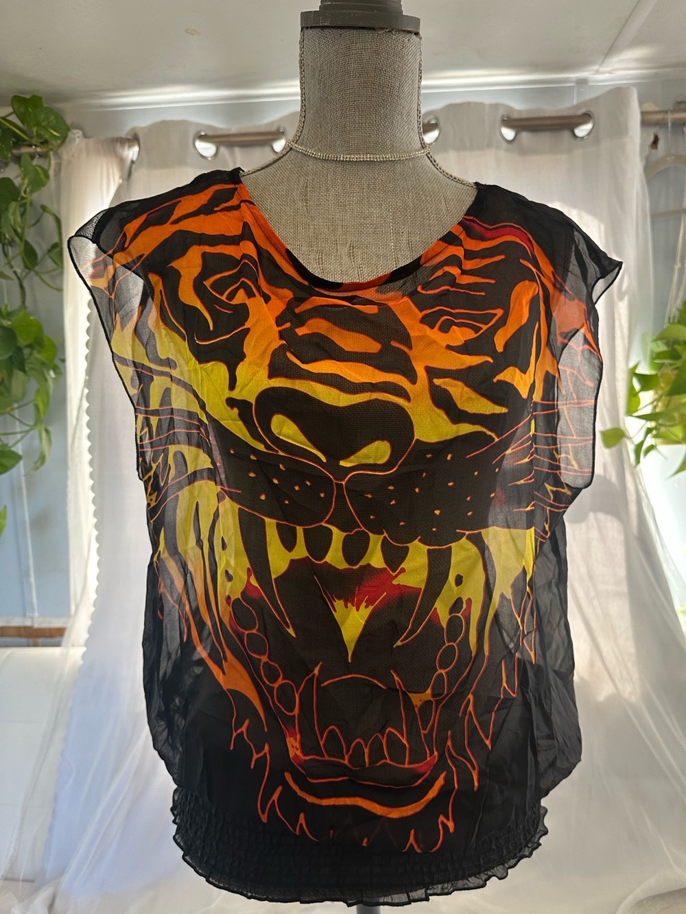 Authentic Y2K Ed Hardy Black Sheer Tiger Face Top - Orange & Yellow